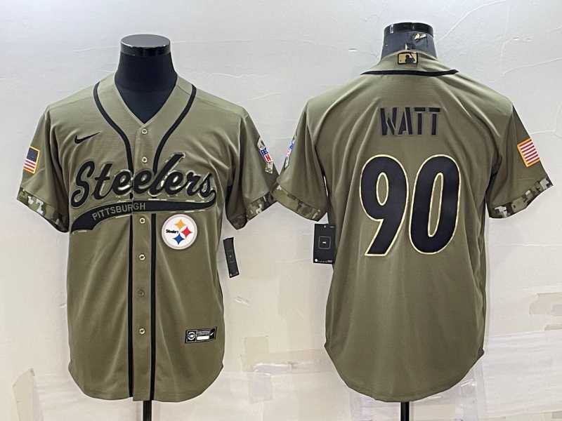 Mens Pittsburgh Steelers #90 TJ Watt Olive 2022 Salute to Service Cool Base Stitched Baseball Jersey->pittsburgh steelers->NFL Jersey